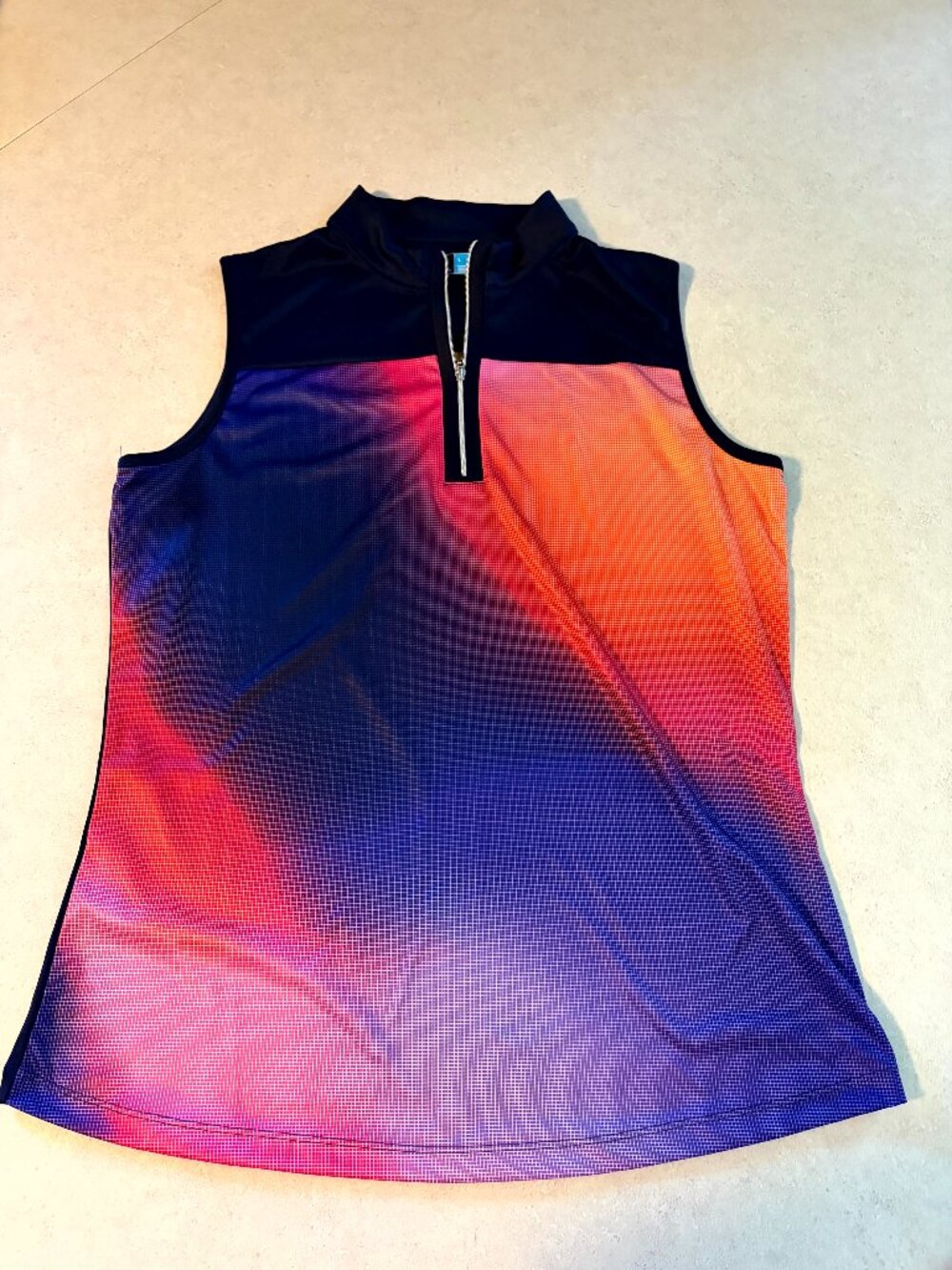 PGA TOUR Womens Sleeveless Golf Polo Quarter Zip Ombre Grid Print Blue Orange L
